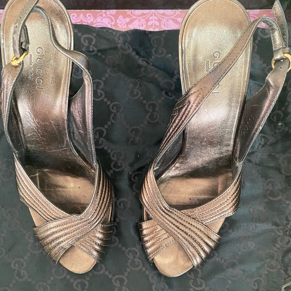 Gucci Shoes - Bronze Gucci Open-Toed Strapped Heels with Bag